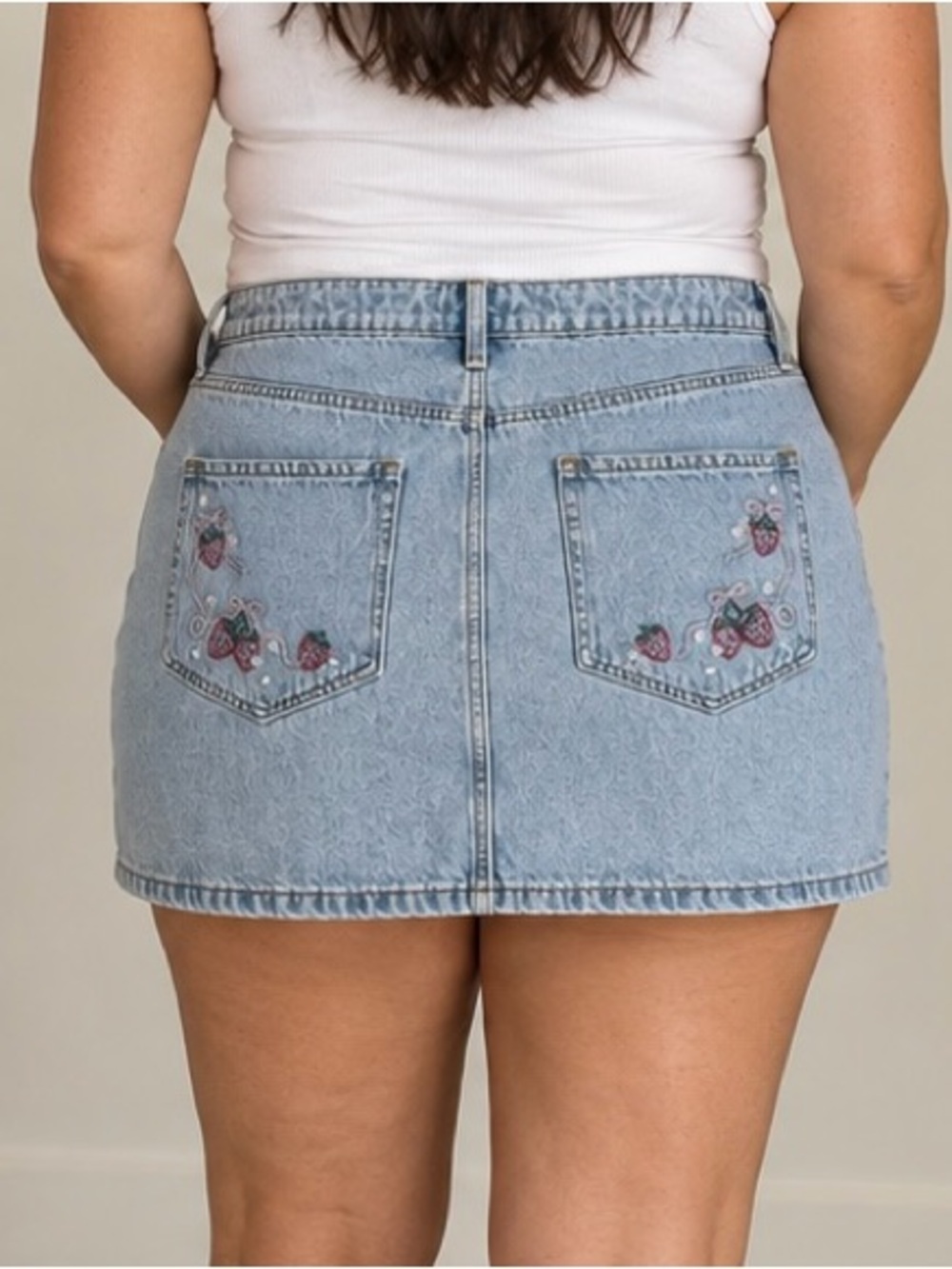 Denim Mini Skirt with Embroidered Pockets